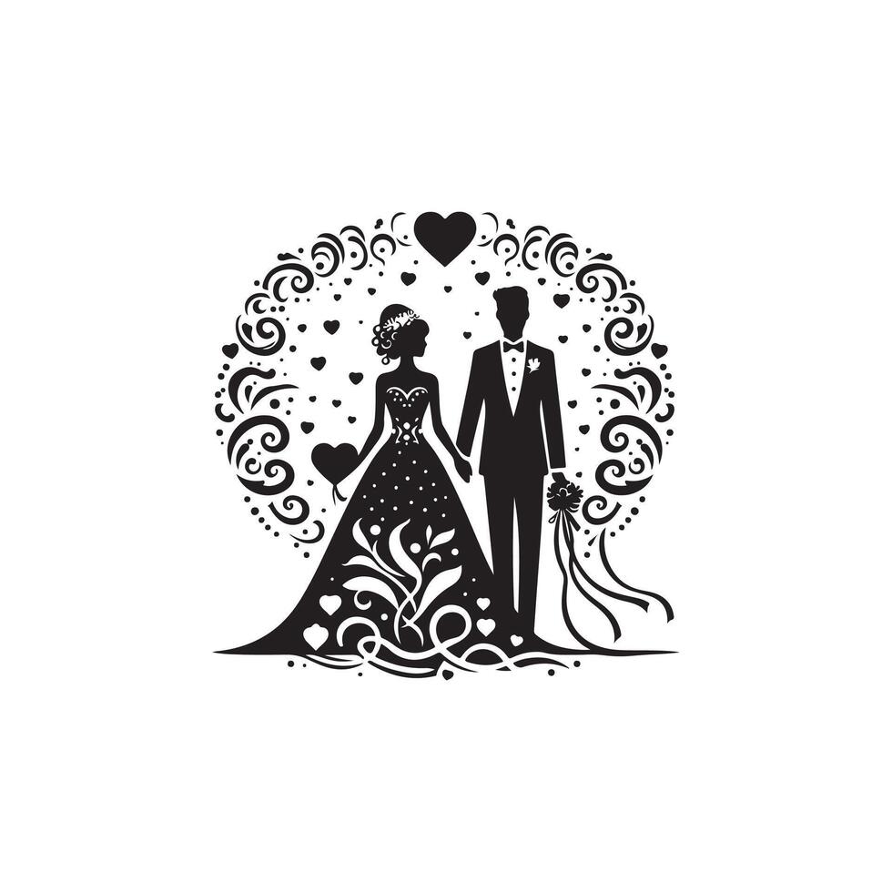 bride groom, unique floral half moon love black silhouette bride groom unique design icons bundle with withe backgrounds vector
