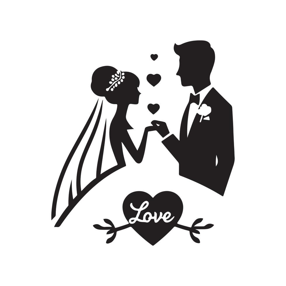 bride groom, unique floral half moon love black silhouette bride groom unique design icons bundle with withe backgrounds vector