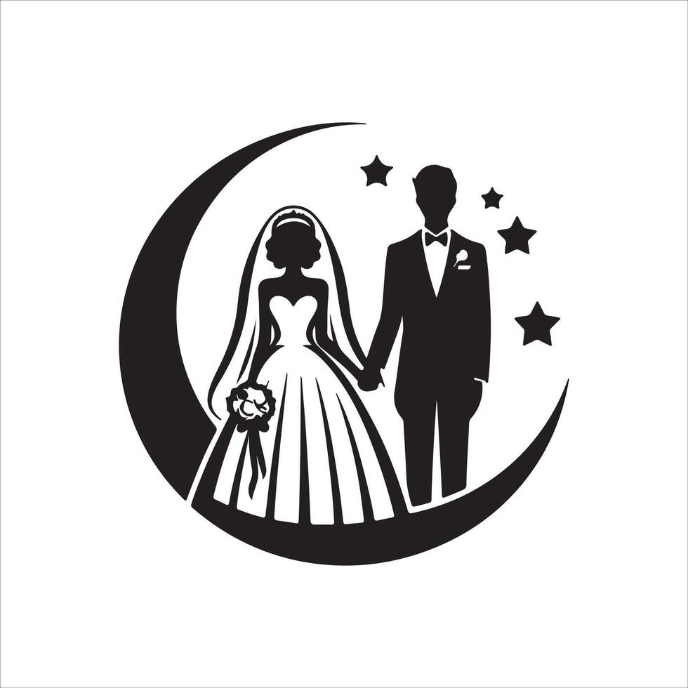 bride groom, unique floral half moon love black silhouette bride groom unique design icons bundle with withe backgrounds vector