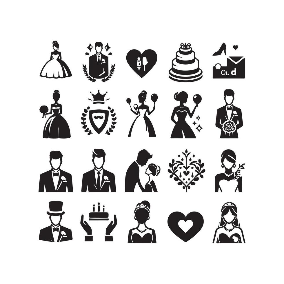 bride groom, unique floral half moon love black silhouette bride groom unique design icons bundle with withe backgrounds vector