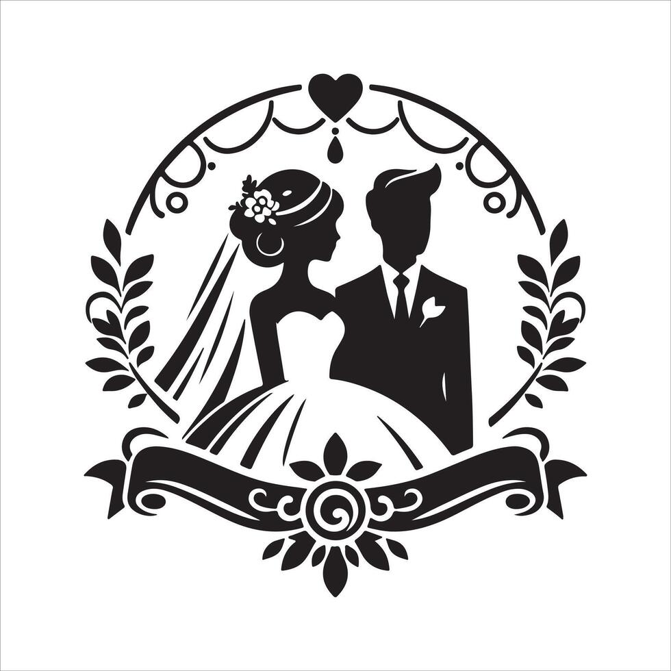 bride groom, unique floral half moon love black silhouette bride groom unique design icons bundle with withe backgrounds vector