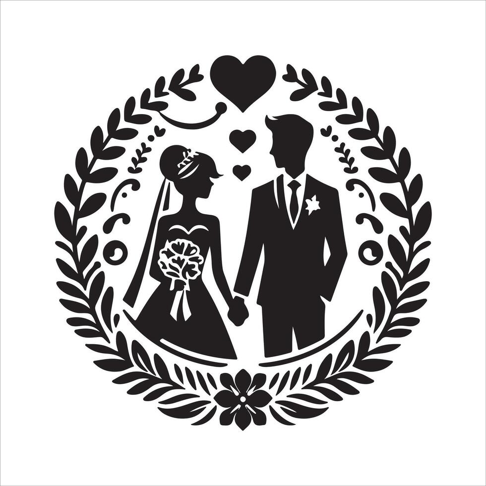 bride groom, unique floral half moon love black silhouette bride groom unique design icons bundle with withe backgrounds vector