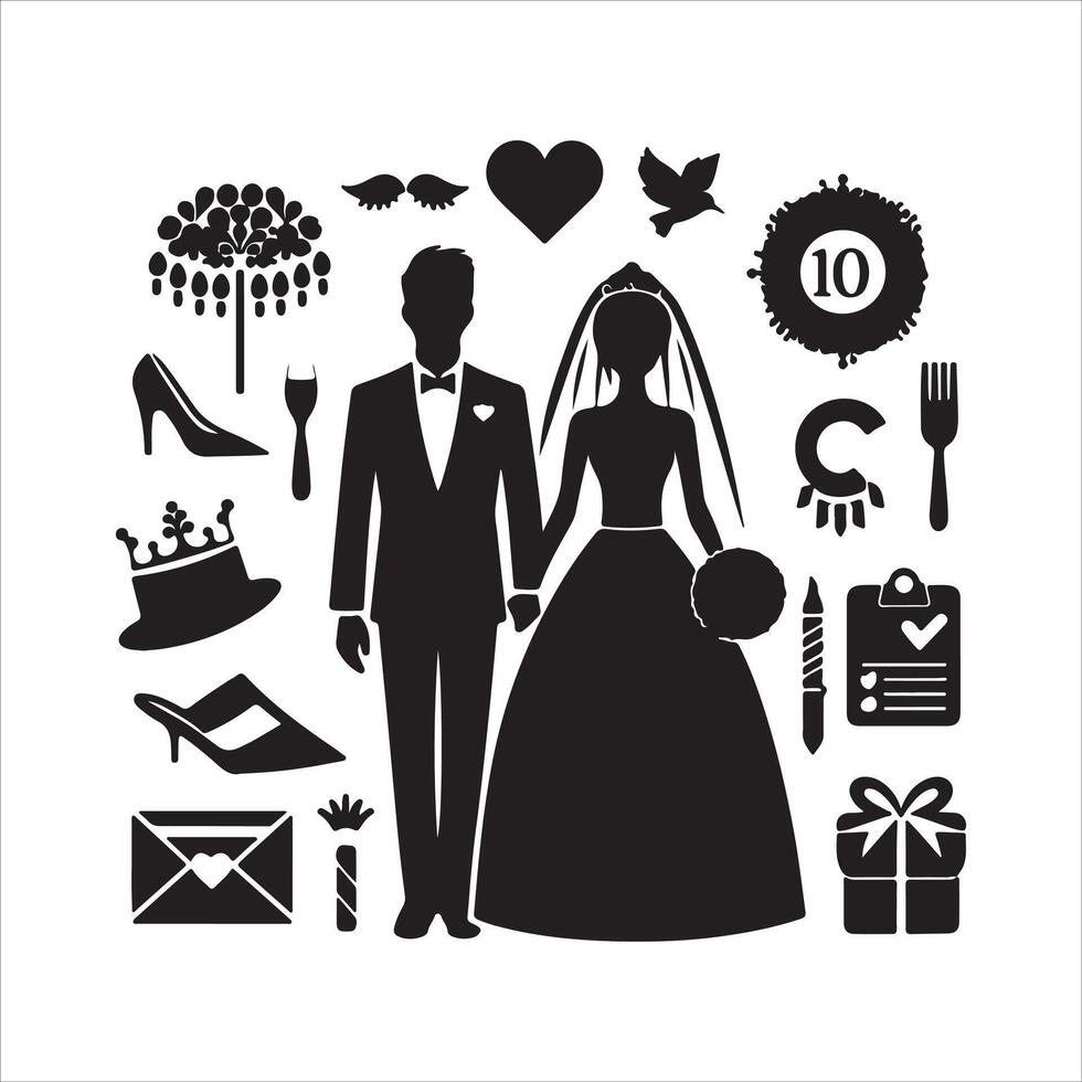 bride groom, unique floral half moon love black silhouette bride groom unique design icons bundle with withe backgrounds vector