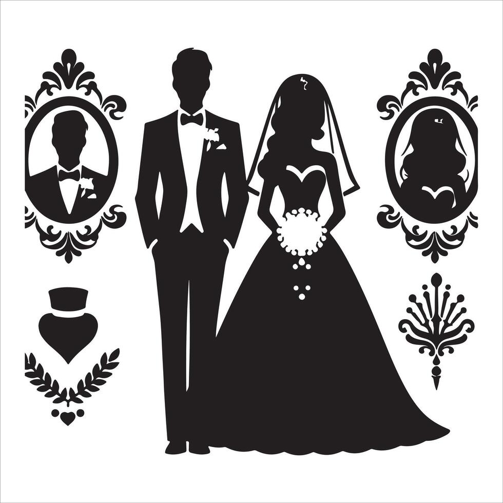 bride groom, unique floral half moon love black silhouette bride groom unique design icons bundle with withe backgrounds vector