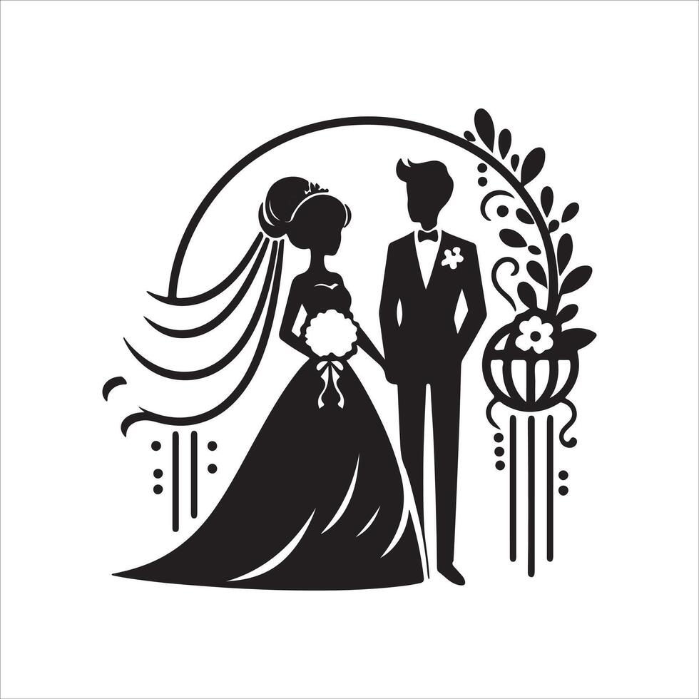 bride groom, unique floral half moon love black silhouette bride groom unique design icons bundle with withe backgrounds vector