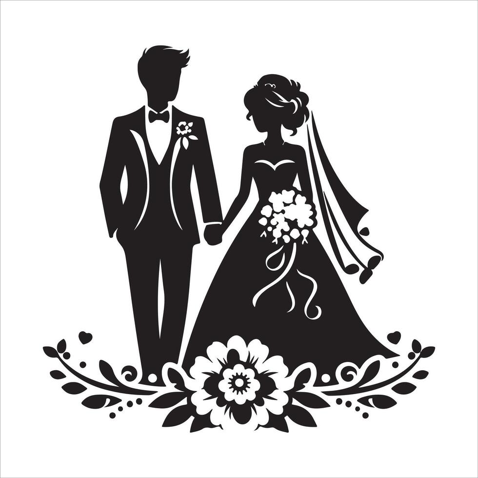 bride groom, unique floral half moon love black silhouette bride groom unique design icons bundle with withe backgrounds vector