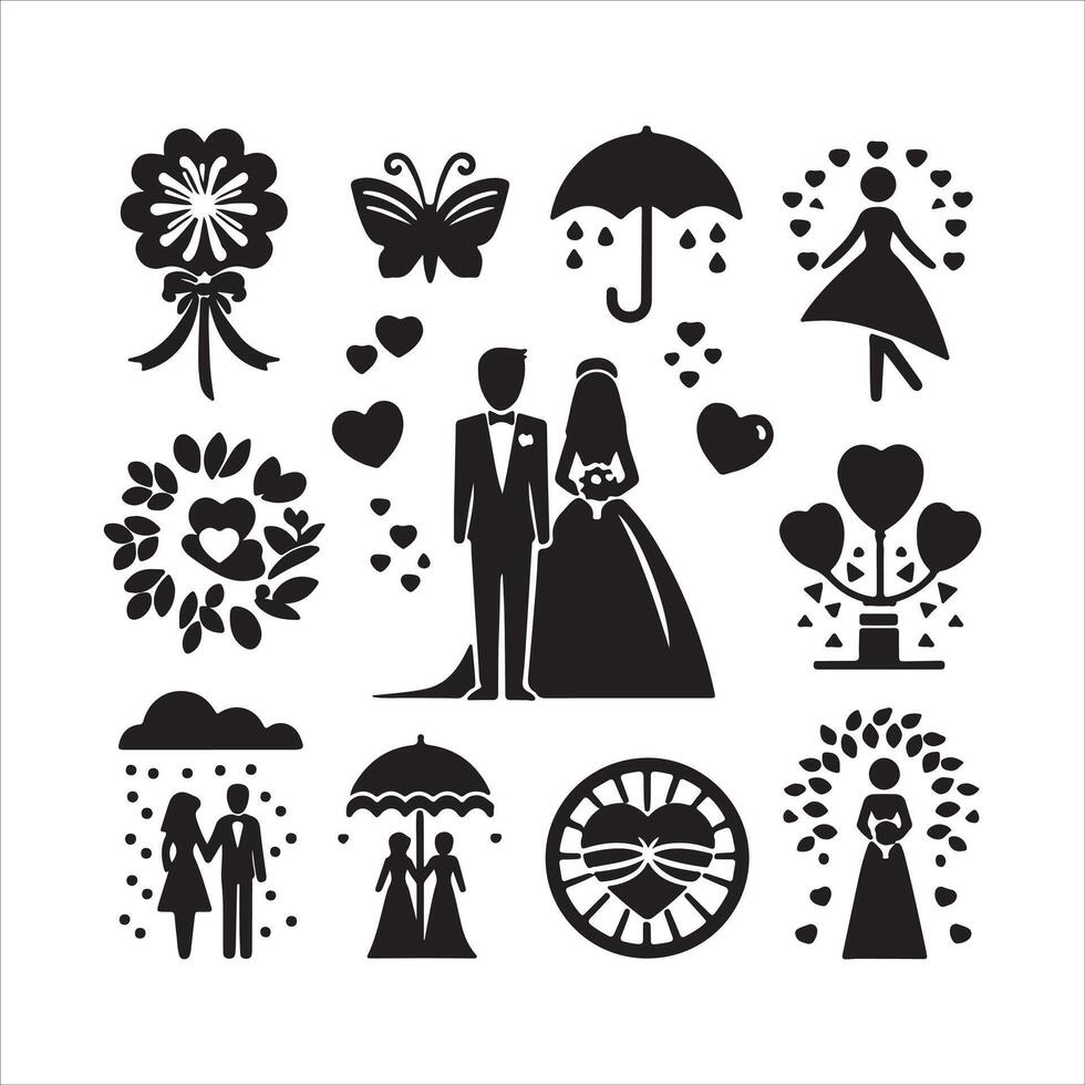 bride groom, unique floral half moon love black silhouette bride groom unique design icons bundle with withe backgrounds vector