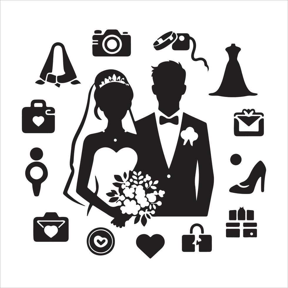 bride groom, unique floral half moon love black silhouette bride groom unique design icons bundle with withe backgrounds vector