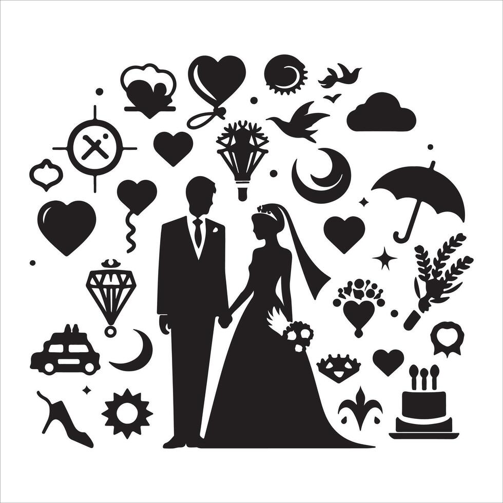 bride groom, unique floral half moon love black silhouette bride groom unique design icons bundle with withe backgrounds vector