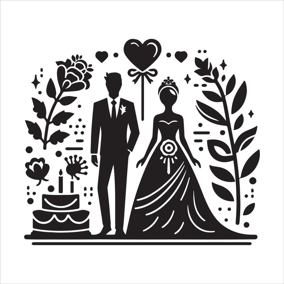 bride groom, unique floral half moon love black silhouette bride groom unique design icons bundle with withe backgrounds vector