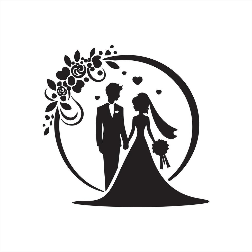 bride groom, unique floral half moon love black silhouette bride groom unique design icons bundle with withe backgrounds vector
