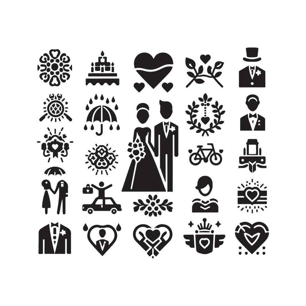 bride groom, unique floral half moon love black silhouette bride groom unique design icons bundle with withe backgrounds vector