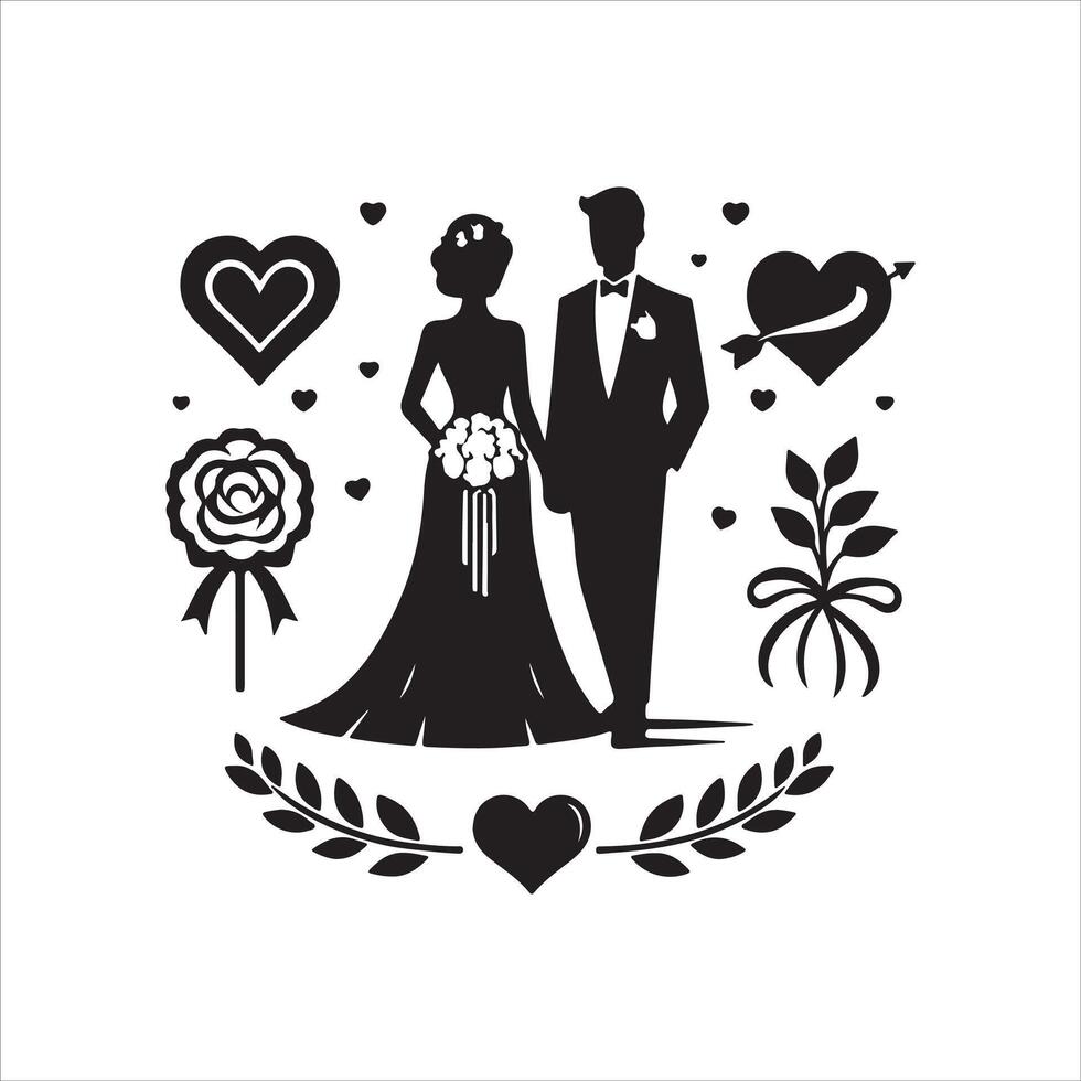 bride groom, unique floral half moon love black silhouette bride groom unique design icons bundle with withe backgrounds vector