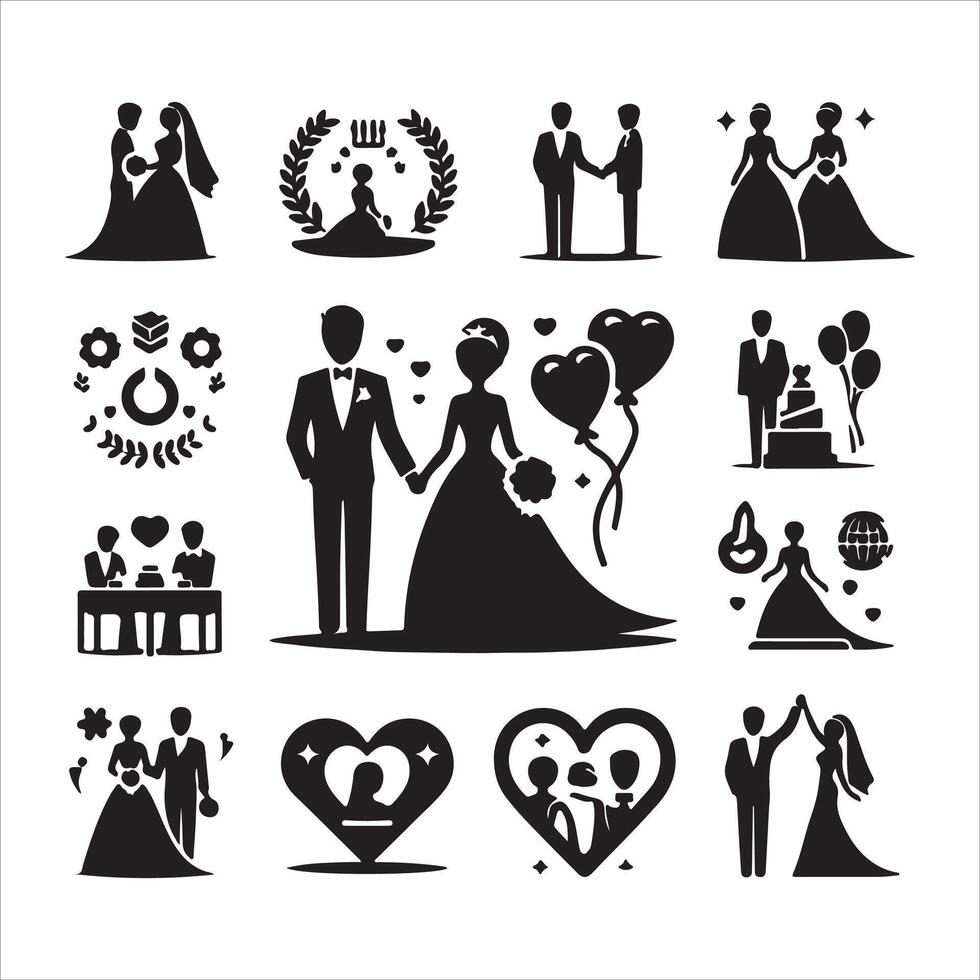 bride groom, unique floral half moon love black silhouette bride groom unique design icons bundle with withe backgrounds vector