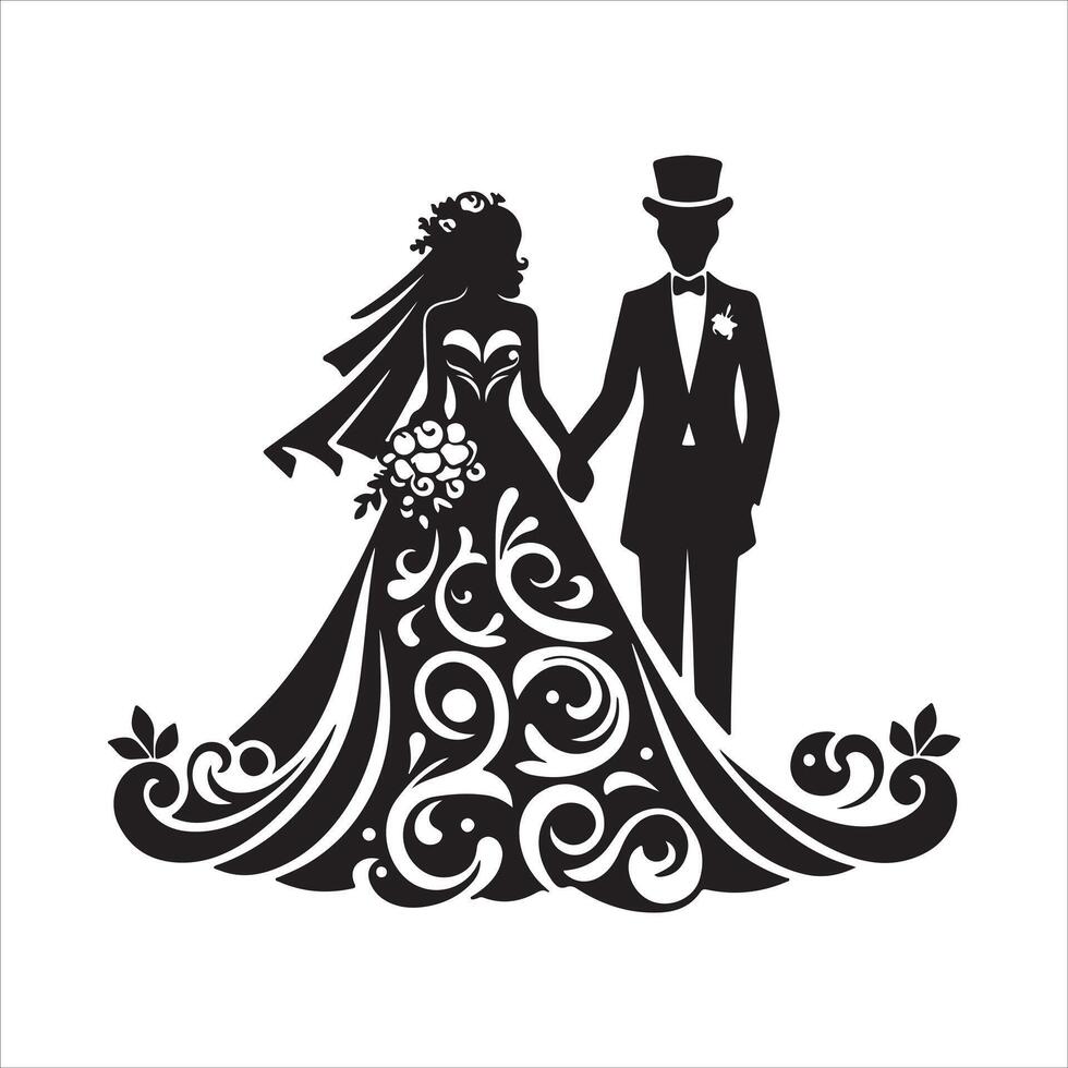 bride groom, unique floral half moon love black silhouette bride groom unique design icons bundle with withe backgrounds vector
