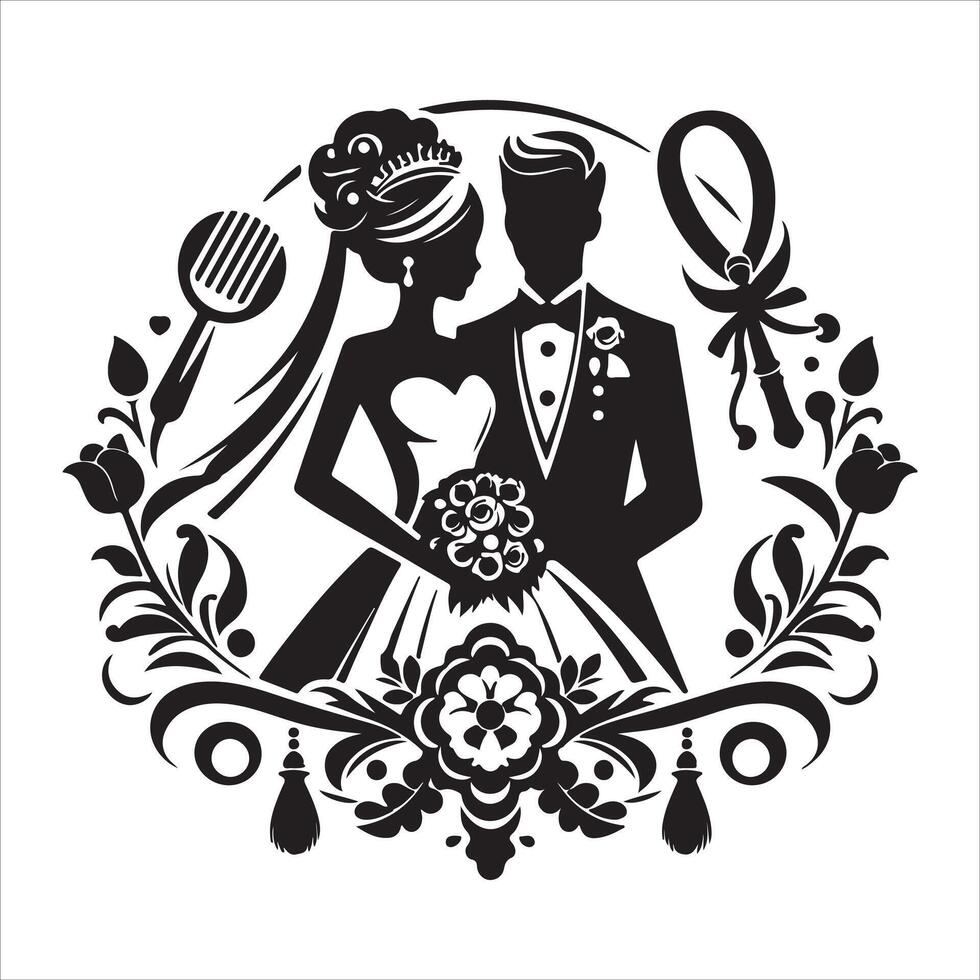bride groom, unique floral half moon love black silhouette bride groom unique design icons bundle with withe backgrounds vector