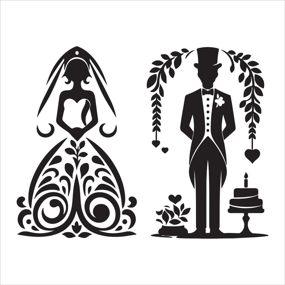 bride groom, unique floral half moon love black silhouette bride groom unique design icons bundle with withe backgrounds vector