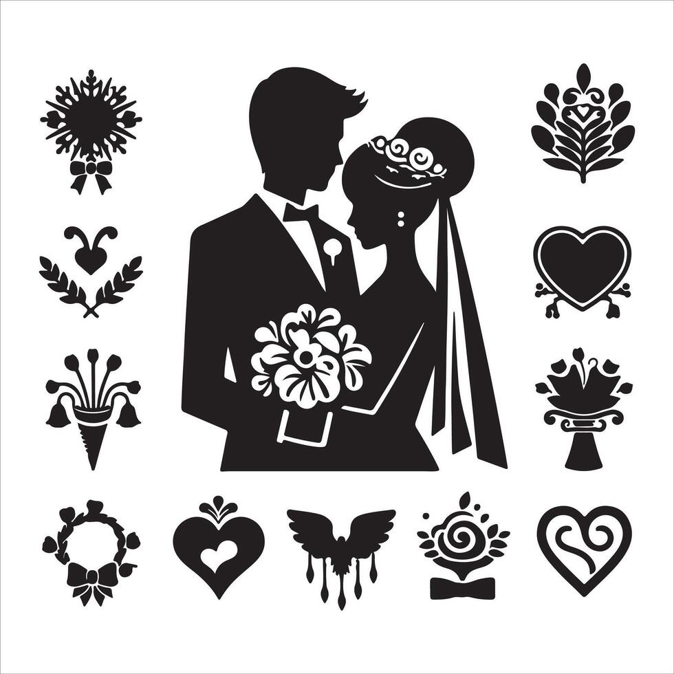 bride groom, unique floral half moon love black silhouette bride groom unique design icons bundle with withe backgrounds vector