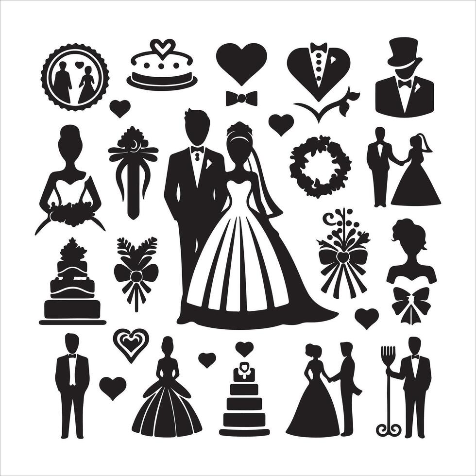 bride groom, unique floral half moon love black silhouette bride groom unique design icons bundle with withe backgrounds vector