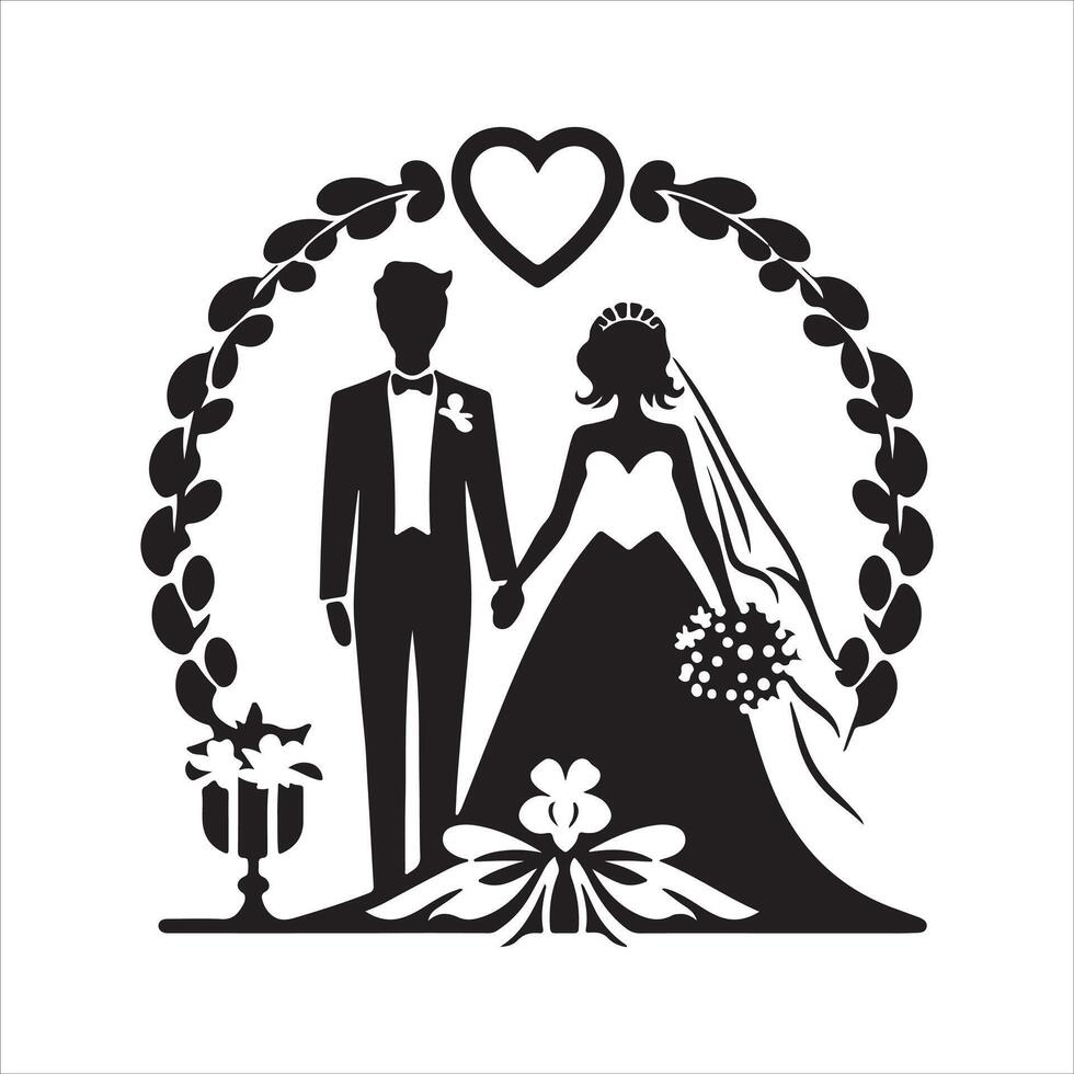 bride groom, unique floral half moon love black silhouette bride groom unique design icons bundle with withe backgrounds vector