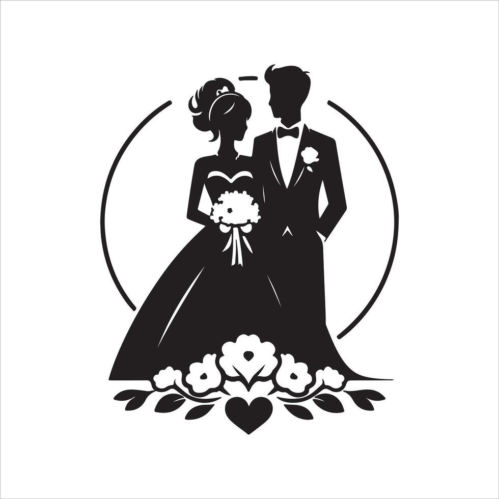 bride groom, unique floral half moon love black silhouette bride groom unique design icons bundle with withe backgrounds vector