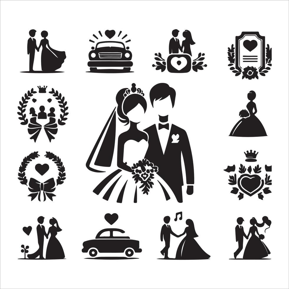 bride groom, unique floral half moon love black silhouette bride groom unique design icons bundle with withe backgrounds vector
