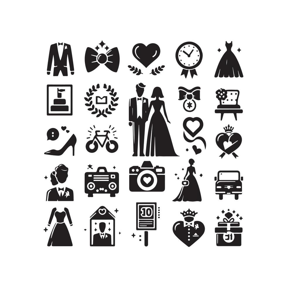 bride groom, unique floral half moon love black silhouette bride groom unique design icons bundle with withe backgrounds vector