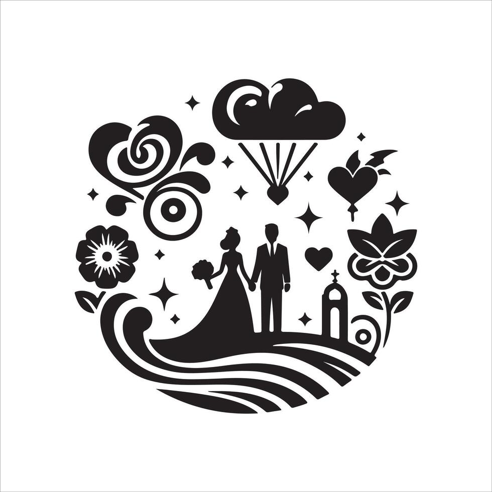 bride groom, unique floral half moon love black silhouette bride groom unique design icons bundle with withe backgrounds vector
