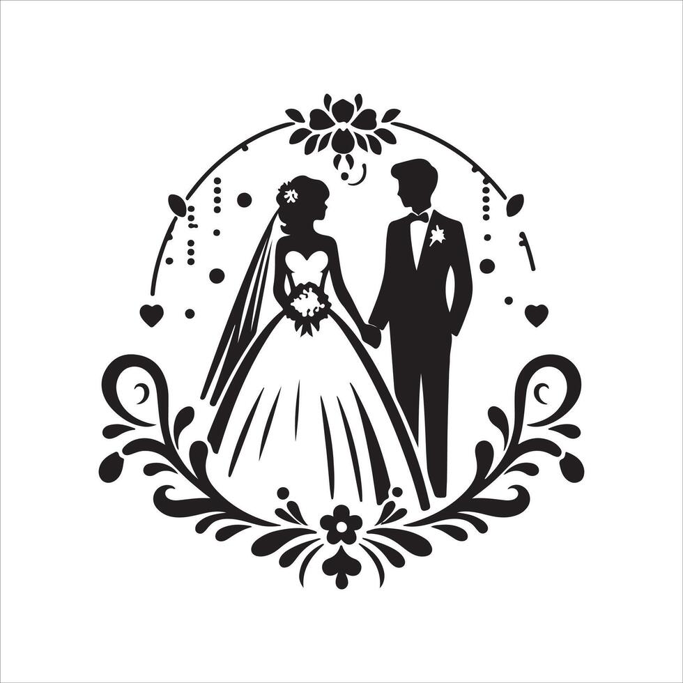 bride groom, unique floral half moon love black silhouette bride groom unique design icons bundle with withe backgrounds vector