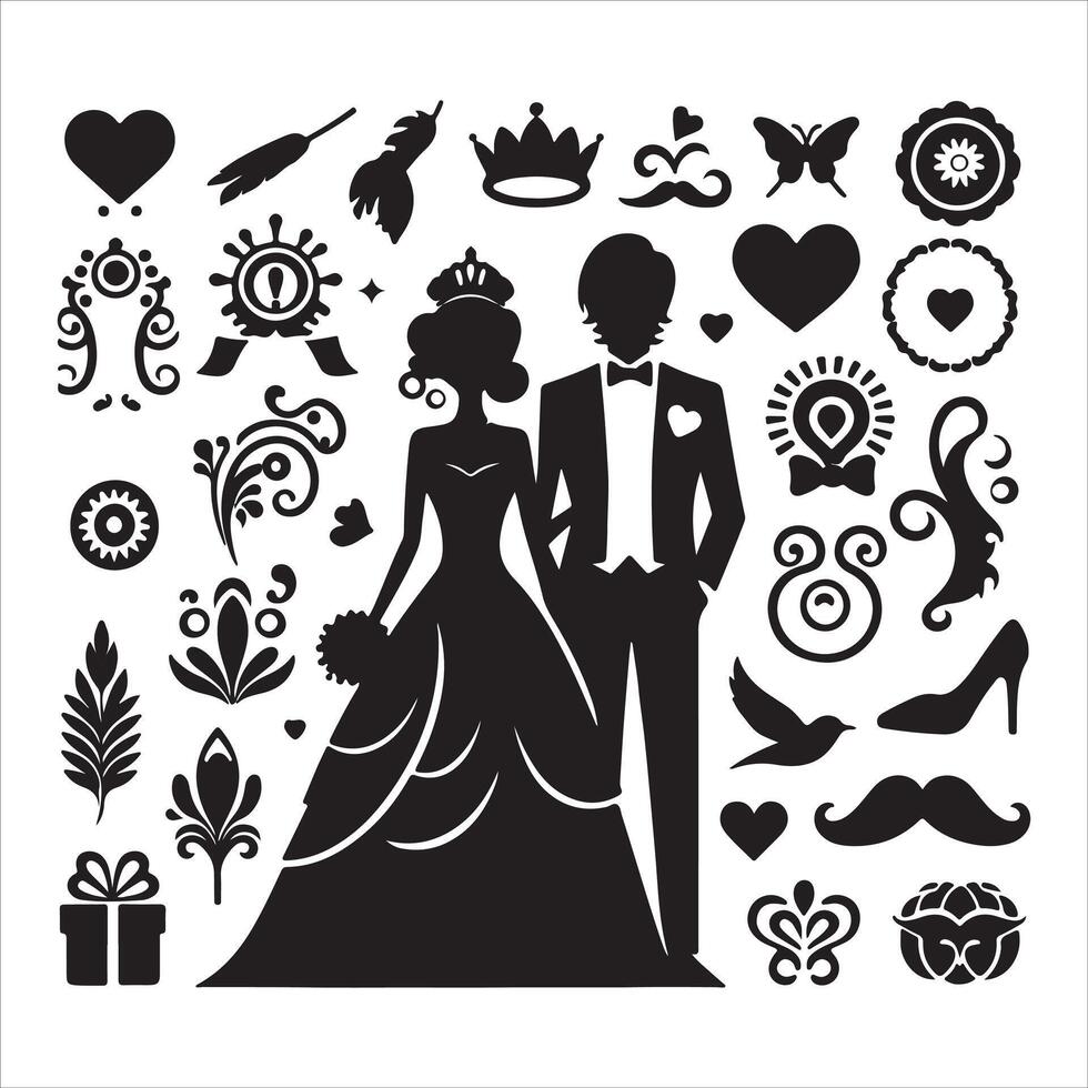 bride groom, unique floral half moon love black silhouette bride groom unique design icons bundle with withe backgrounds vector