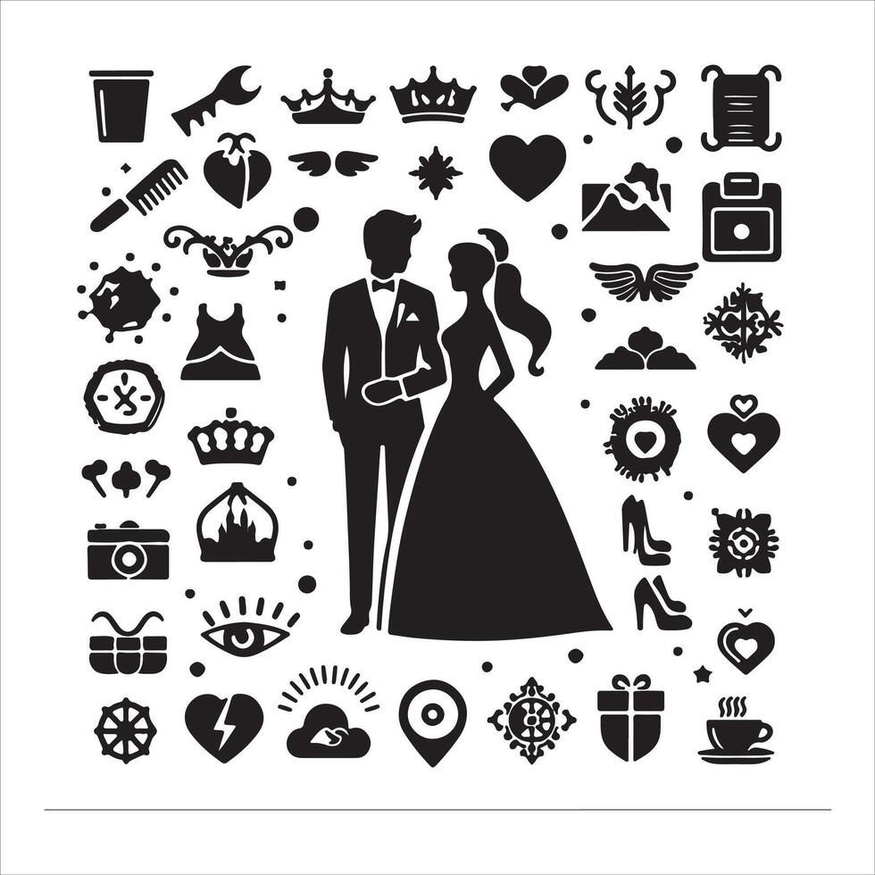 bride groom, unique floral half moon love black silhouette bride groom unique design icons bundle with withe backgrounds vector