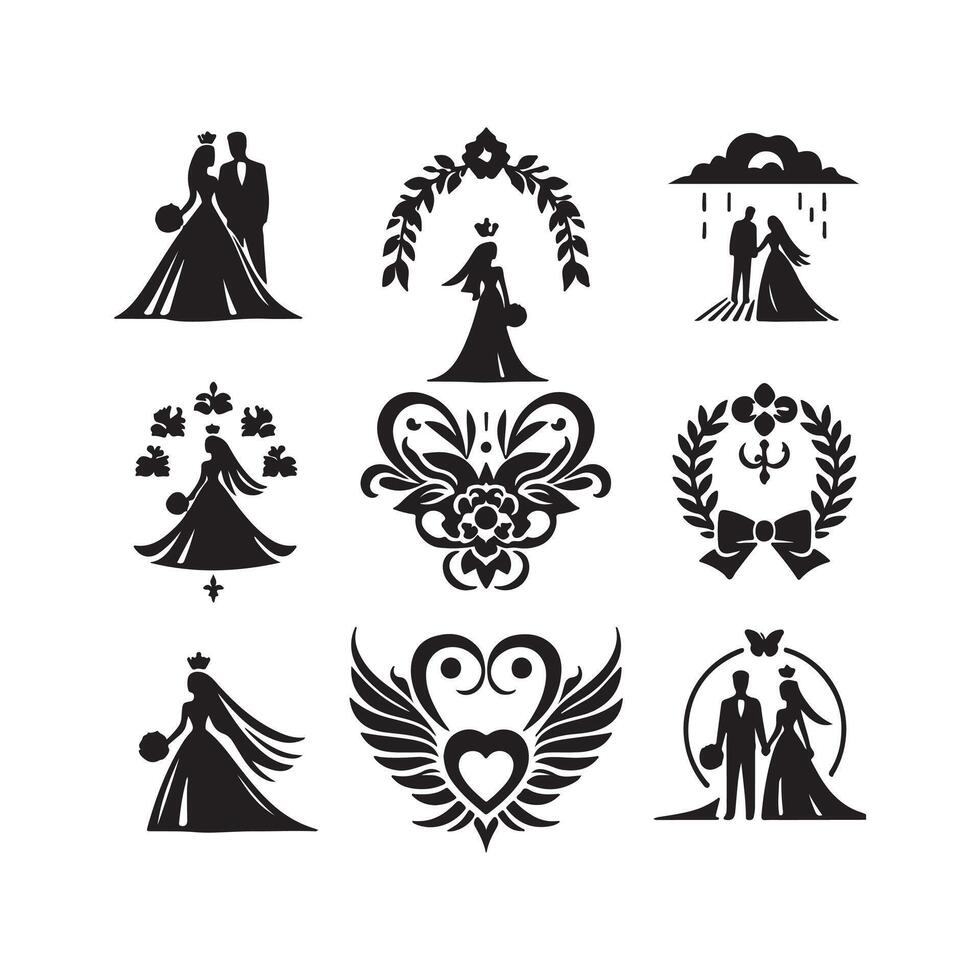 bride groom, unique floral half moon love black silhouette bride groom unique design icons bundle with withe backgrounds vector