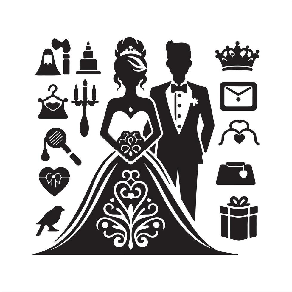 bride groom, unique floral half moon love black silhouette bride groom unique design icons bundle with withe backgrounds vector
