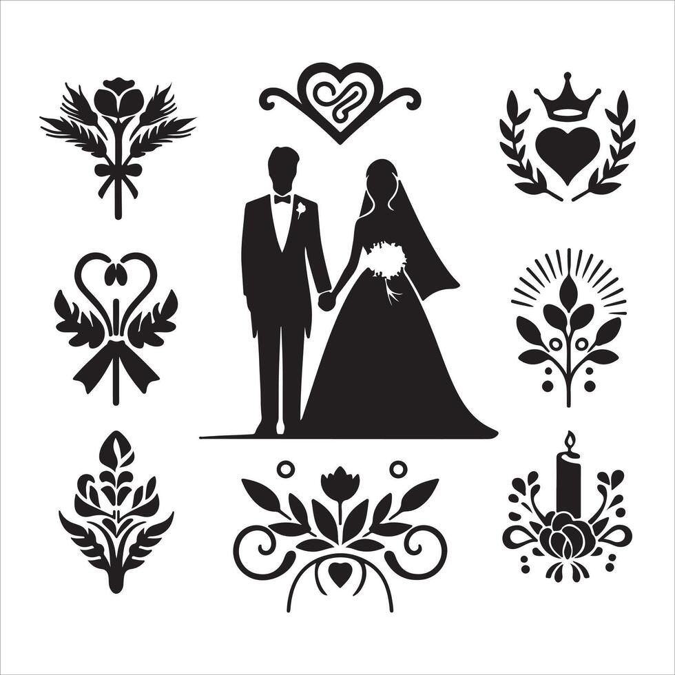 bride groom, unique floral half moon love black silhouette bride groom unique design icons bundle with withe backgrounds vector