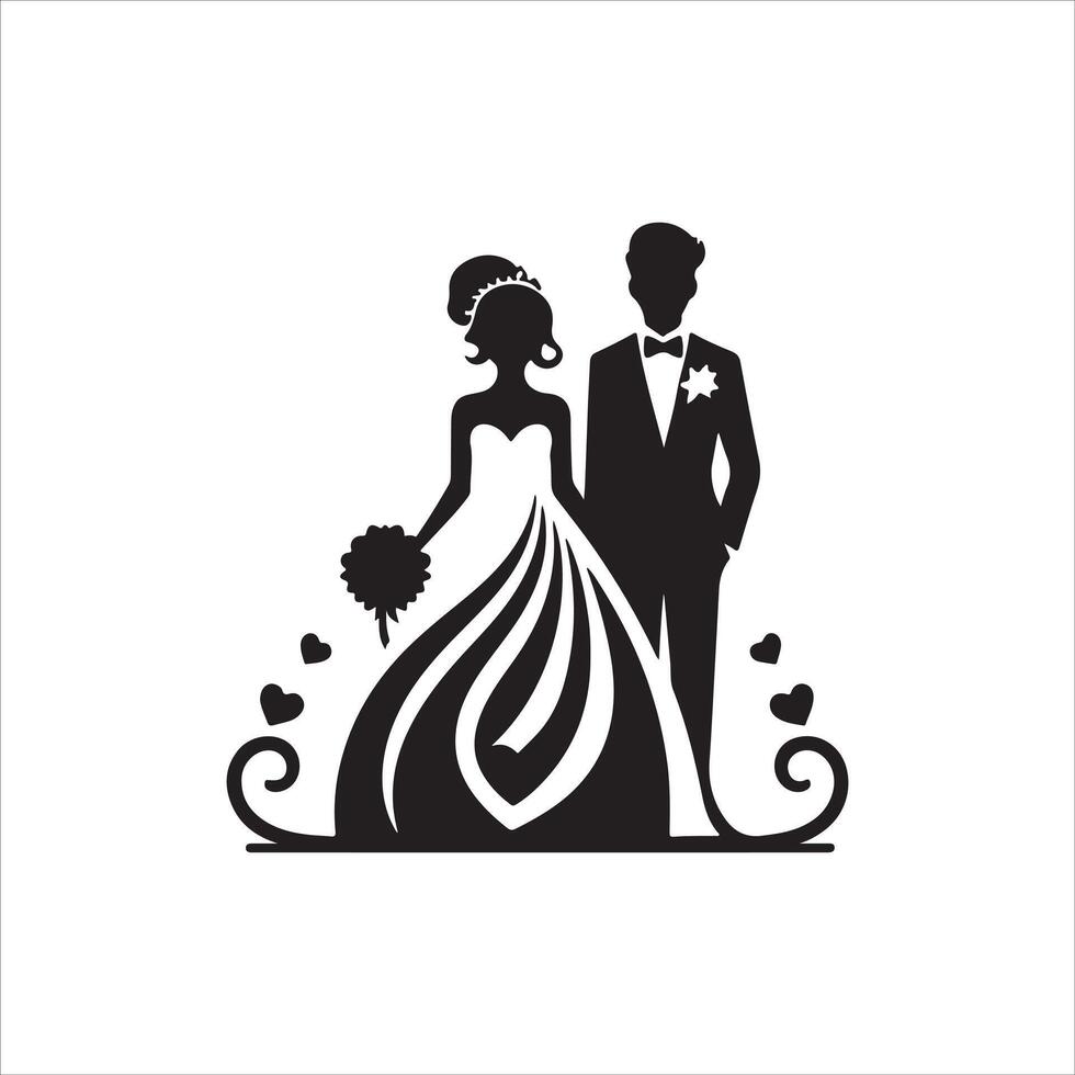 bride groom, unique floral half moon love black silhouette bride groom unique design icons bundle with withe backgrounds vector