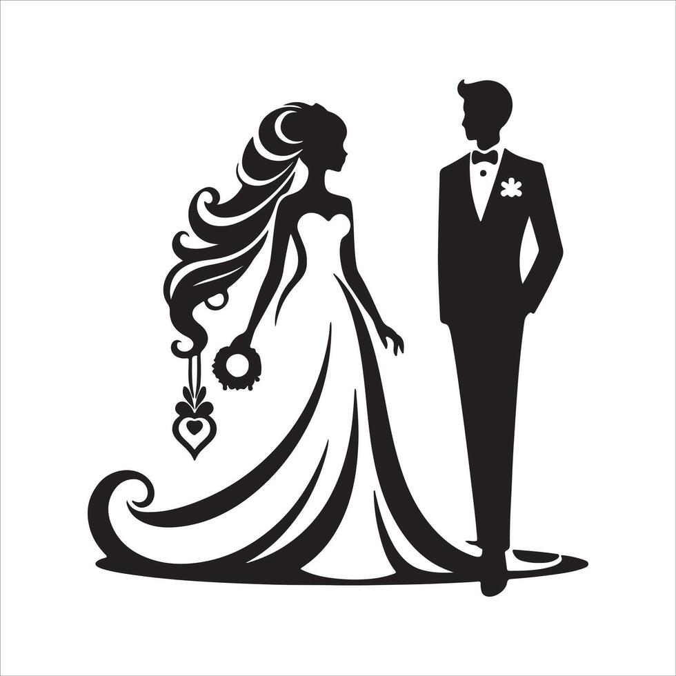 bride groom, unique floral half moon love black silhouette bride groom unique design icons bundle with withe backgrounds vector