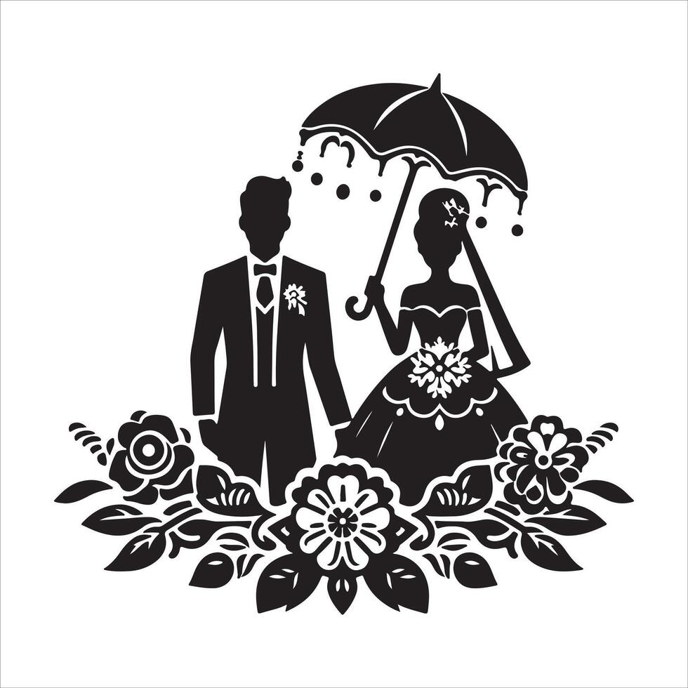bride groom, unique floral half moon love black silhouette bride groom unique design icons bundle with withe backgrounds vector