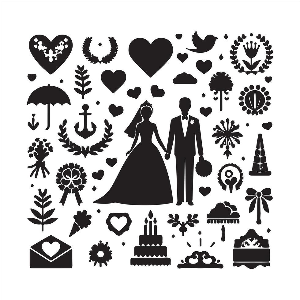 bride groom, unique floral half moon love black silhouette bride groom unique design icons bundle with withe backgrounds vector