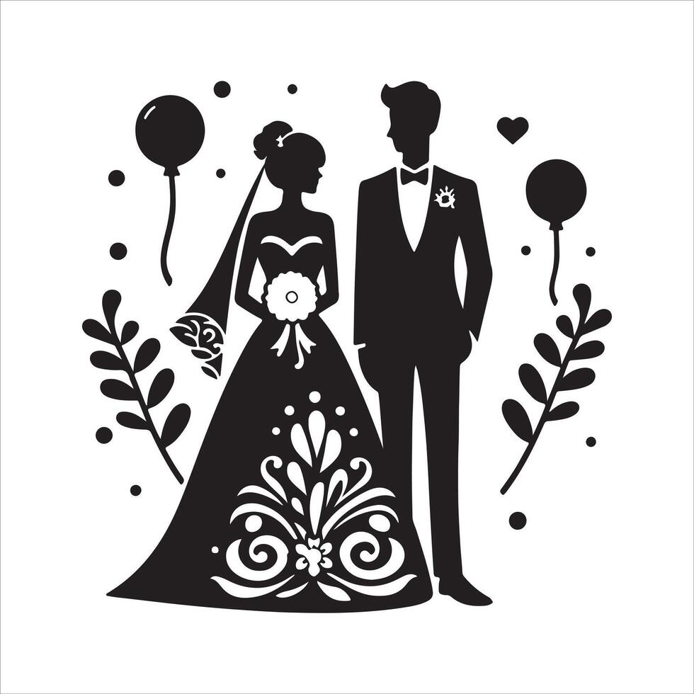 bride groom, unique floral half moon love black silhouette bride groom unique design icons bundle with withe backgrounds vector