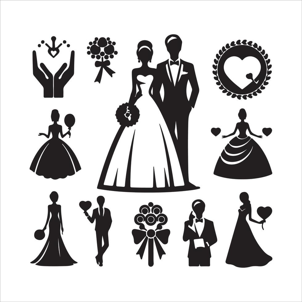 bride groom, unique floral half moon love black silhouette bride groom unique design icons bundle with withe backgrounds vector