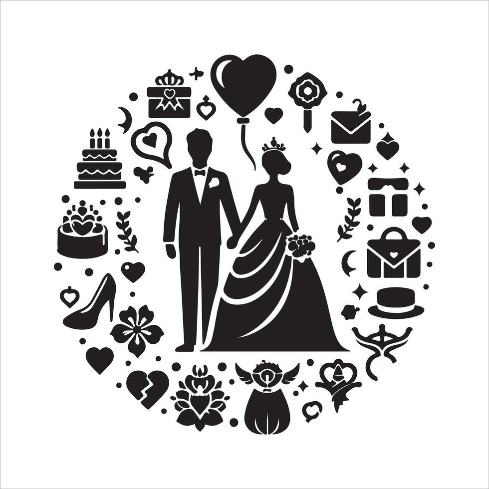 bride groom, unique floral half moon love black silhouette bride groom unique design icons bundle with withe backgrounds vector