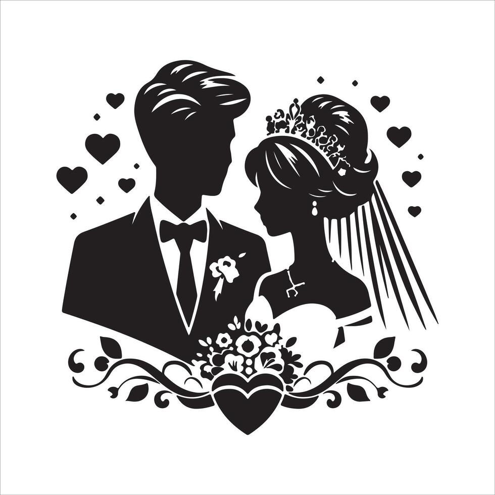 bride groom, unique floral half moon love black silhouette bride groom unique design icons bundle with withe backgrounds vector