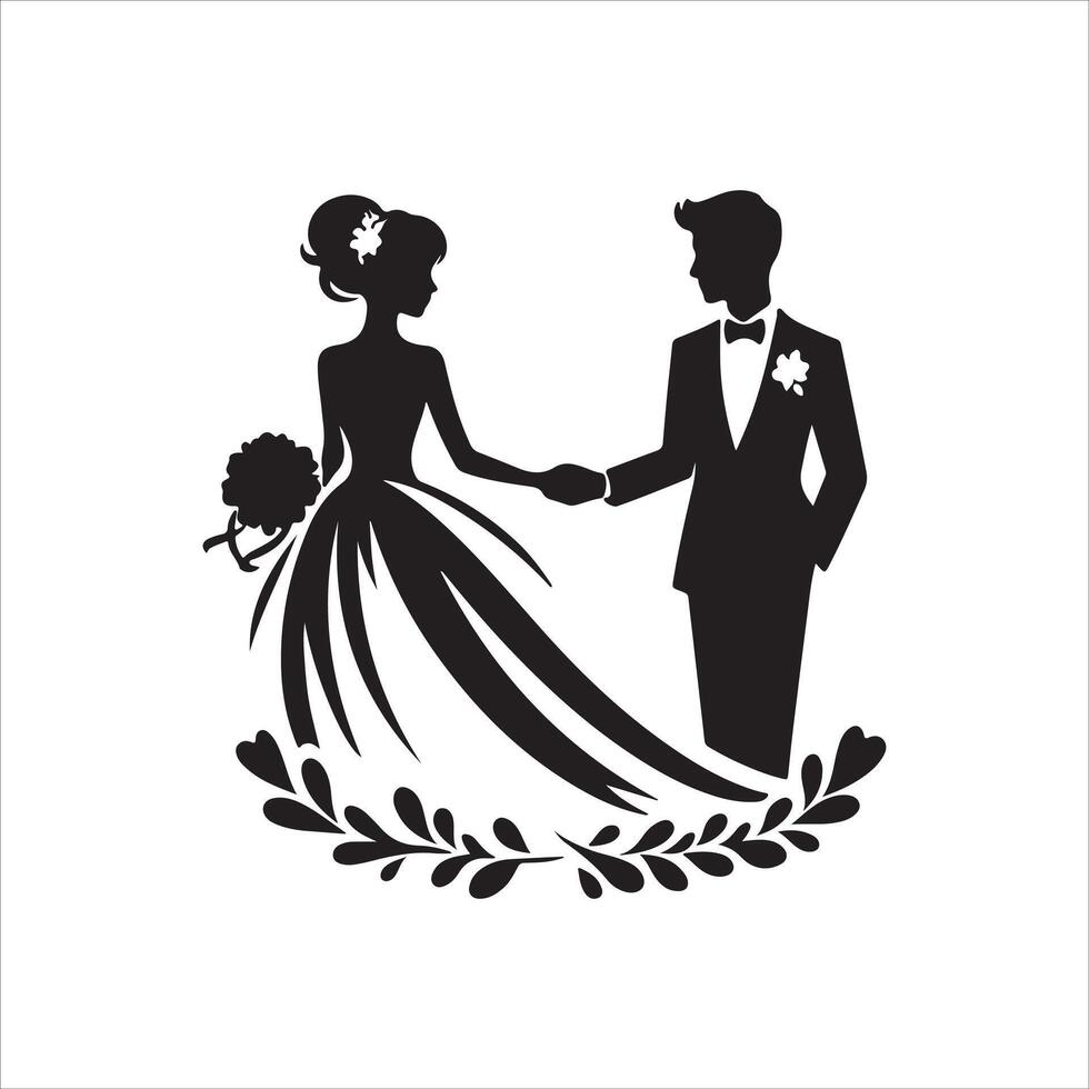bride groom, unique floral half moon love black silhouette bride groom unique design icons bundle with withe backgrounds vector