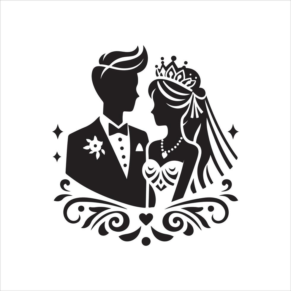 bride groom, unique floral half moon love black silhouette bride groom unique design icons bundle with withe backgrounds vector