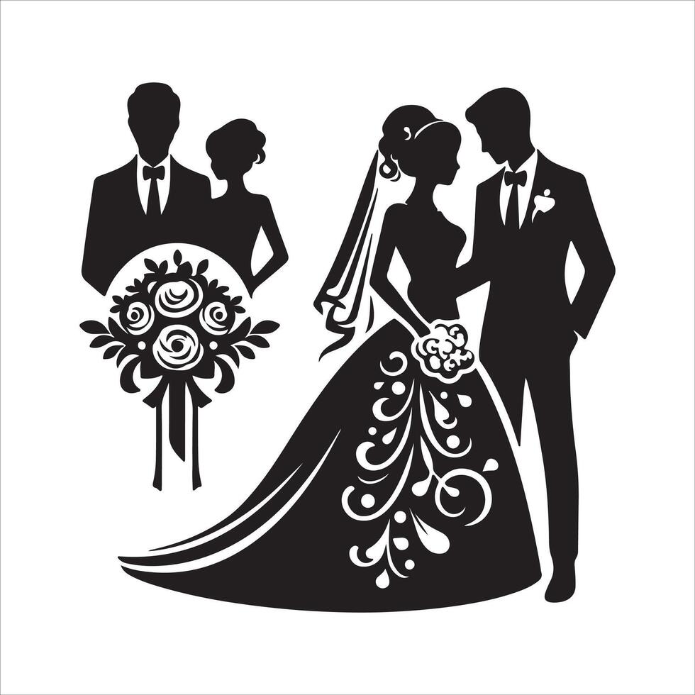 bride groom, unique floral half moon love black silhouette bride groom unique design icons bundle with withe backgrounds vector