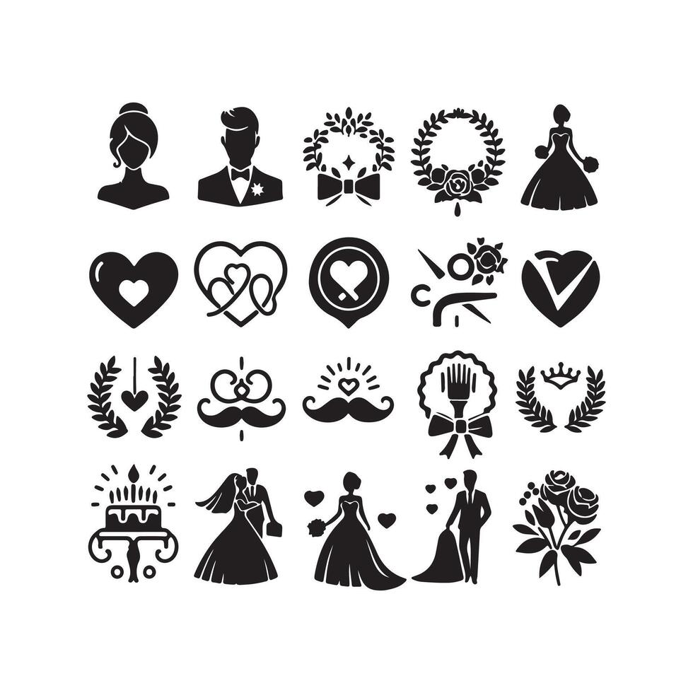 bride groom, unique floral half moon love black silhouette bride groom unique design icons bundle with withe backgrounds vector