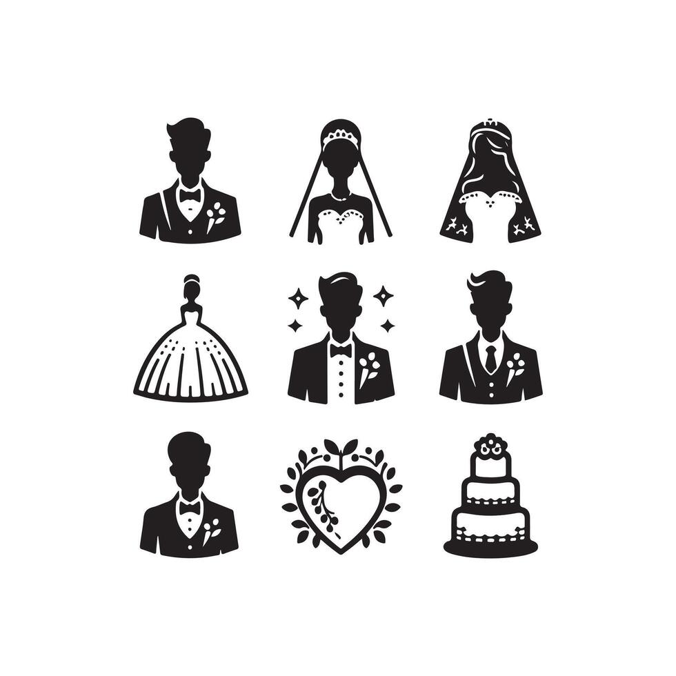bride groom, unique floral half moon love black silhouette bride groom unique design icons bundle with withe backgrounds vector