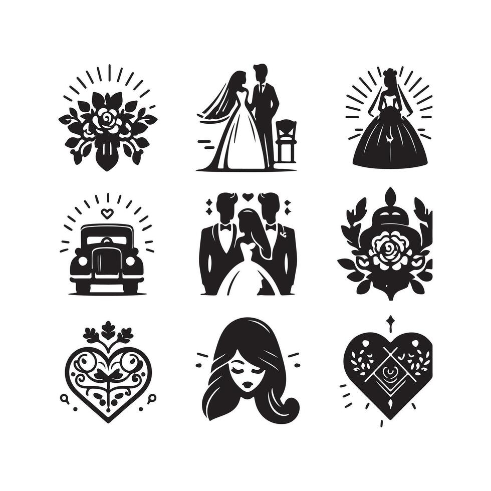 bride groom, unique floral half moon love black silhouette bride groom unique design icons bundle with withe backgrounds vector