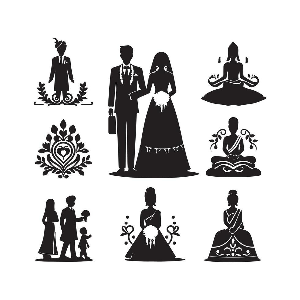 bride groom, unique floral half moon love black silhouette bride groom unique design icons bundle with withe backgrounds vector
