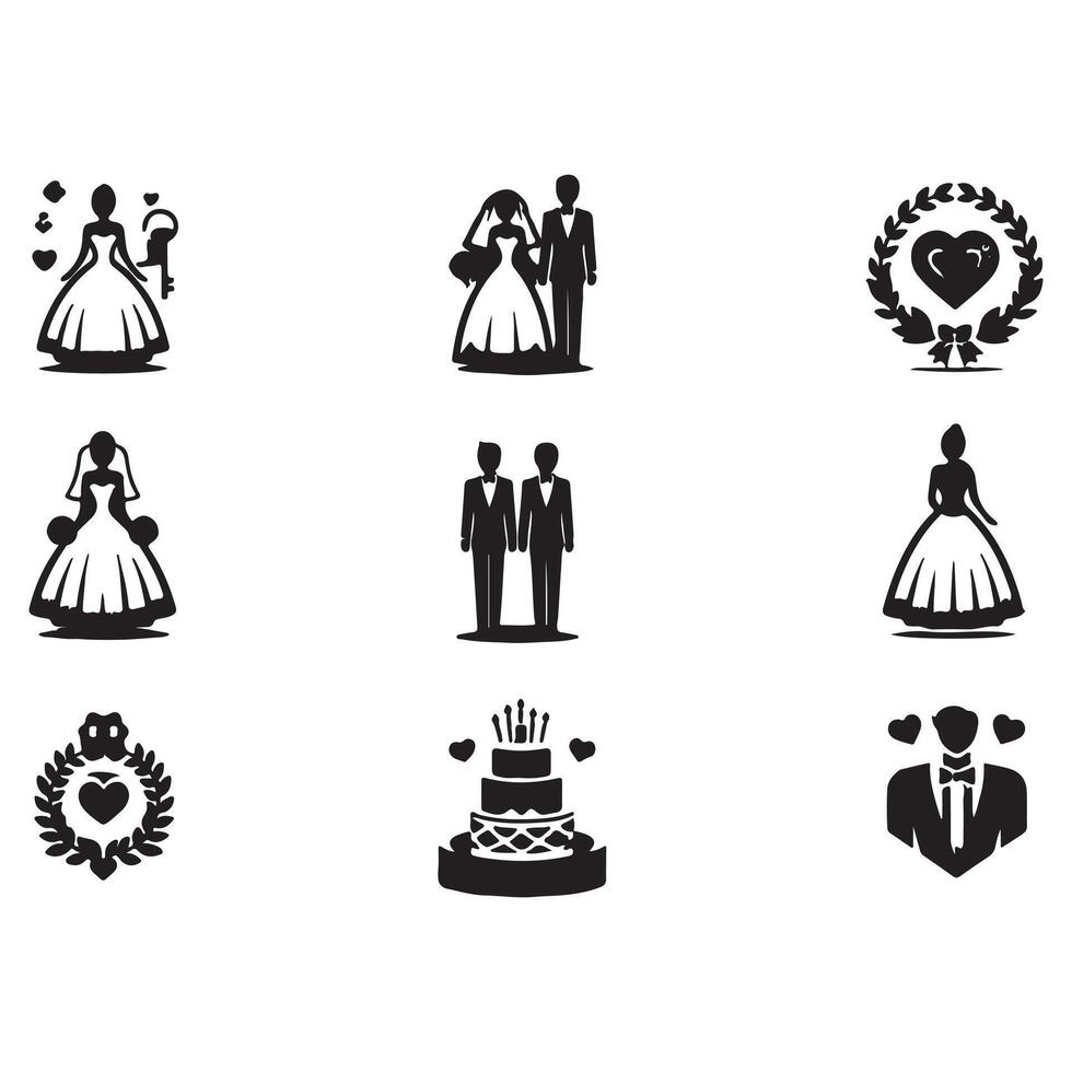 bride groom, unique floral half moon love black silhouette bride groom unique design icons bundle with withe backgrounds vector